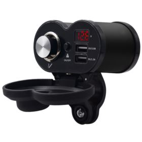ŁADOWARKA DO MOTOCYKLA 2x USB Z GNIAZDEM ZAPALNICZKI I WYŚWIETLACZEM CZARNA