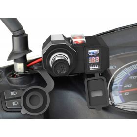 ŁADOWARKA DO MOTOCYKLA USB Z GNIAZDEM ZAPALNICZKI I VOLTOMIERZEM