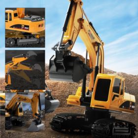 KOPARKA ZDALNIE STEROWANA Ż&Oacute;ŁTA 1:24 Z RUCHOMĄ ŁYŻKĄ I GUMOWYMI GĄSIENICAMI