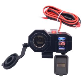 ŁADOWARKA DO MOTOCYKLA USB Z GNIAZDEM ZAPALNICZKI I VOLTOMIERZEM