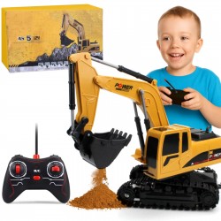 KOPARKA ZDALNIE STEROWANA ŻÓŁTA 1:24 Z RUCHOMĄ ŁYŻKĄ I GUMOWYMI GĄSIENICAMI