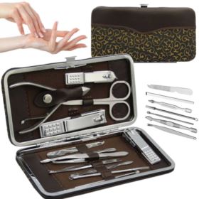 ZESTAW DO MANICURE I PEDICURE 12 ELEMENT&Oacute;W W BRĄZOWYM ETUI