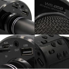 MIKROFON Z GŁOŚNIKIEM DO KARAOKE WS-858 CZARNY BEZPRZEWODOWY