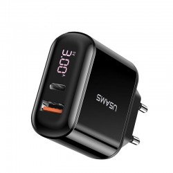 ŁADOWARKA SIECIOWA USAMS US-CC085 Z WYŚWIETLACZEM USB I USB-C CZARNA