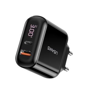 ŁADOWARKA SIECIOWA USAMS US-CC085 Z WYŚWIETLACZEM USB I USB-C CZARNA