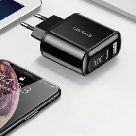 ŁADOWARKA SIECIOWA USAMS US-CC085 Z WYŚWIETLACZEM USB I USB-C CZARNA