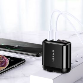 ŁADOWARKA SIECIOWA USAMS US-CC085 Z WYŚWIETLACZEM USB I USB-C CZARNA