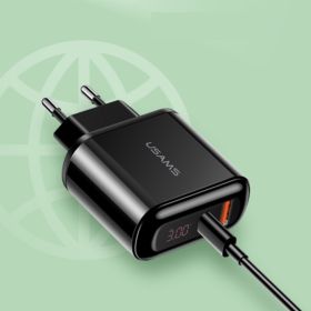 ŁADOWARKA SIECIOWA USAMS US-CC085 Z WYŚWIETLACZEM USB I USB-C CZARNA