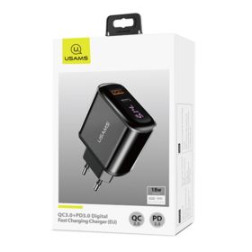 ŁADOWARKA SIECIOWA USAMS US-CC085 Z WYŚWIETLACZEM USB I USB-C CZARNA