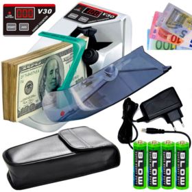 LICZARKA DO BANKNOT&Oacute;W NA BATERIE BIAŁA V30 Z ETUI I ZASILACZEM + 4 SZTUKI BATERII BLOW - Akcesoria elektroniczne