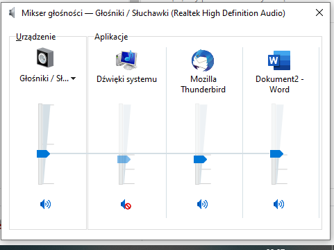 Program "Mikser głośności" z systemu Windows. Widoczne urządzenia głośniki oraz aplikacje dźwięki systemu, Mozilla Thunderbird i Word