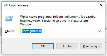 Okno programu "Uruchamianie" z systemu Windows z wpisaną wartością devmgmt.msc