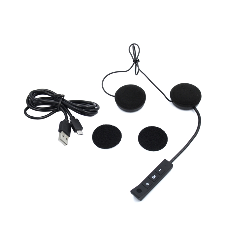 Czarne słuchawki do kasku, 2 wymienne gąbki i kabel USB - microUSB