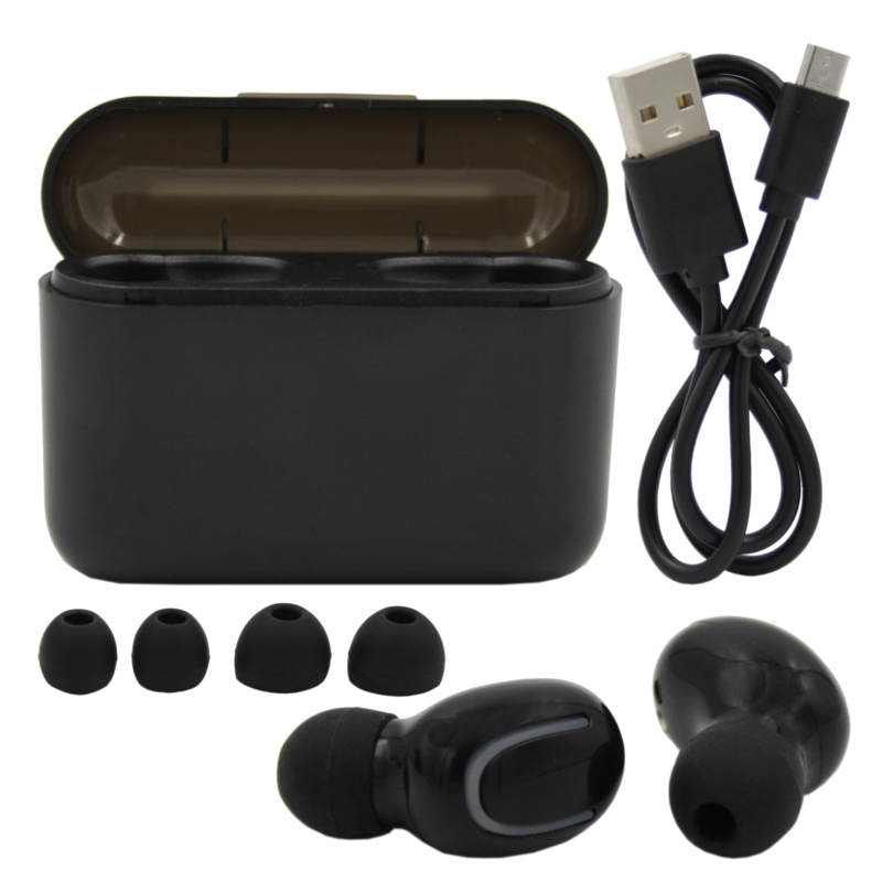 Czarne słuchawki HQB-Q32 TWS, czarne etui ładujące, kabel USB-mcroUSB i 4 wymienne gumki