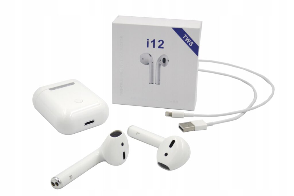 Białe słuchawki douszne I12 TWS, pudełko, białe etui ładujące i biały kabel USB
