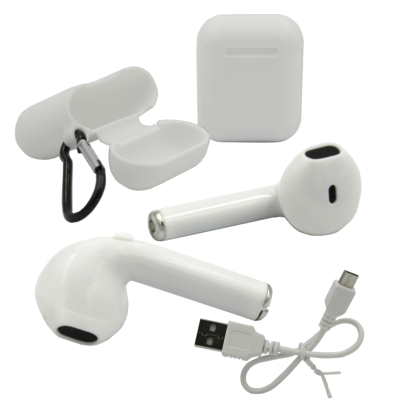 Białe słuchawki I9S-TWS, białe etui ładujące, biały kabel USB - microUSB i białe etui ochronne