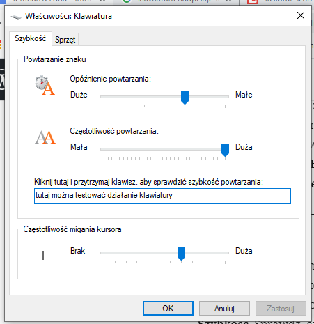 OInne litery na klawiaturze - kno dialogowe z systemy Windows - Właściwości klawiatury. Zakładka szybkość z suwakami
