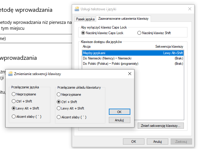 Inne litery na klawiaturze - Okno dialogowe z systemy Windows - usługi tekstowe i języki