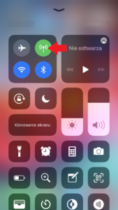 Screen z menu telefonu iPhone z czerwoną strzałką na ikonie danych komórkowych