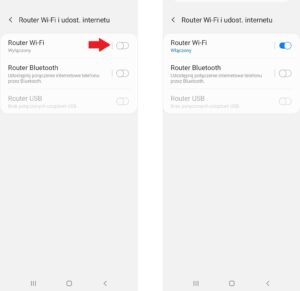 Screen z menu telefonu Android z czerwoną strzałką na opcji Router Wifi