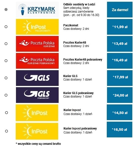 Cennik dostaw Krzymark sklep