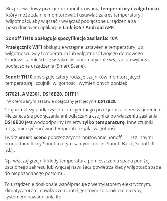 SONOFF TH10 PRZEÅÄ„CZNIK WIFI Z CZUJNIKIEM TEMPERATURY DS18B20