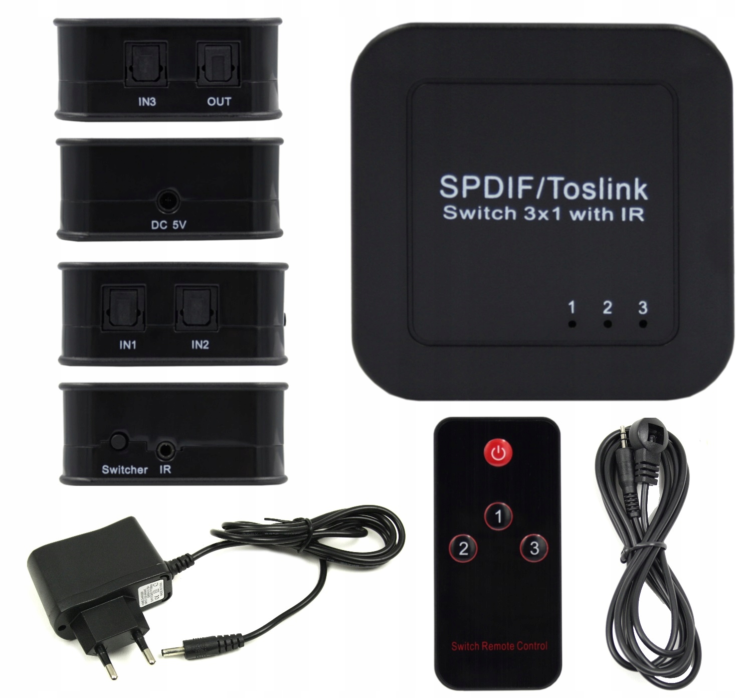 SWITCH PRZEŁĄCZNIK SWITCHER OPTYCZNY SPDIF TOSLINK Z PILOTEM - Kable i USB adaptery