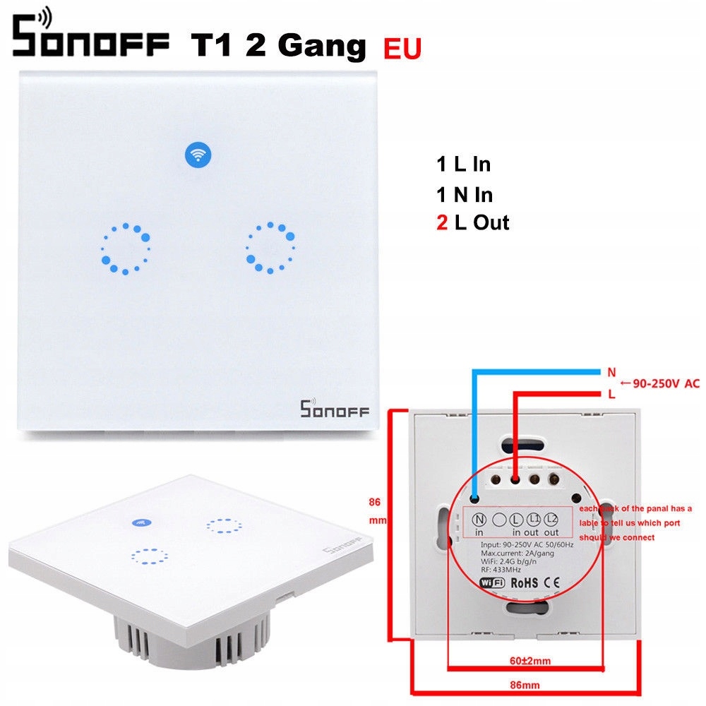 DOTYKOWY WŁĄCZNIK ŚWIATŁA 2 KANAŁOWY SONOFF T1 WIFI Z 4 KANAŁOWYM PILOTEM RF - Inteligentny dom