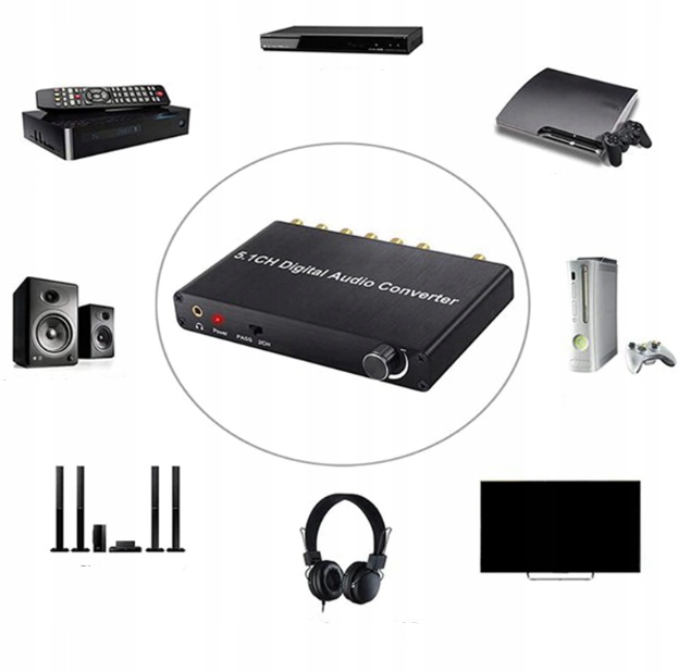KONWERTER DEKODER SYGNAŁU CYFROWEGO NA ANALOGOWY COAXIAL SPDIF NA RCA 5.1 - Kable i USB adaptery