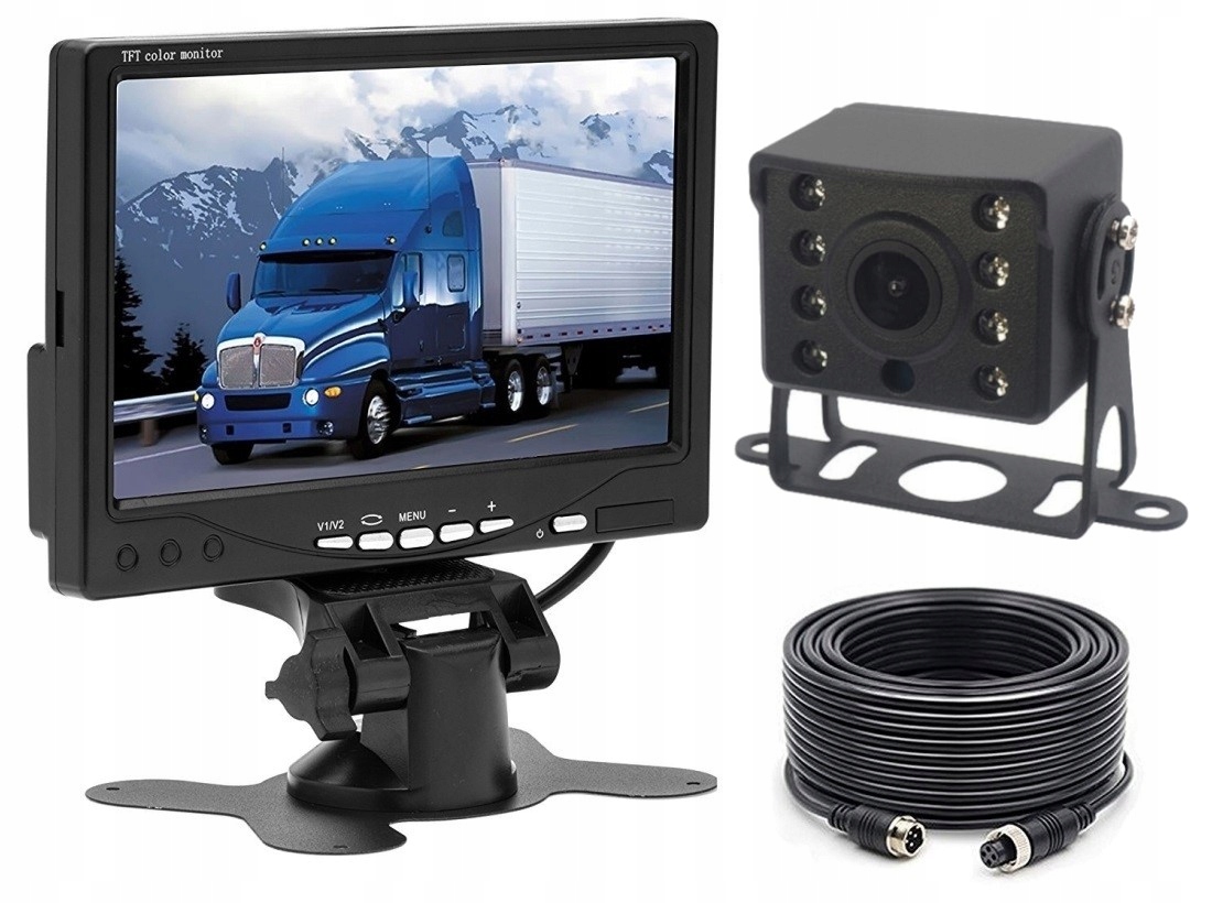 KAMERA COFANIA 8 DIOD IR Z MONITOREM 7 CALI PILOTEM I KABLEM 15 METRÓW - Kamery cofania