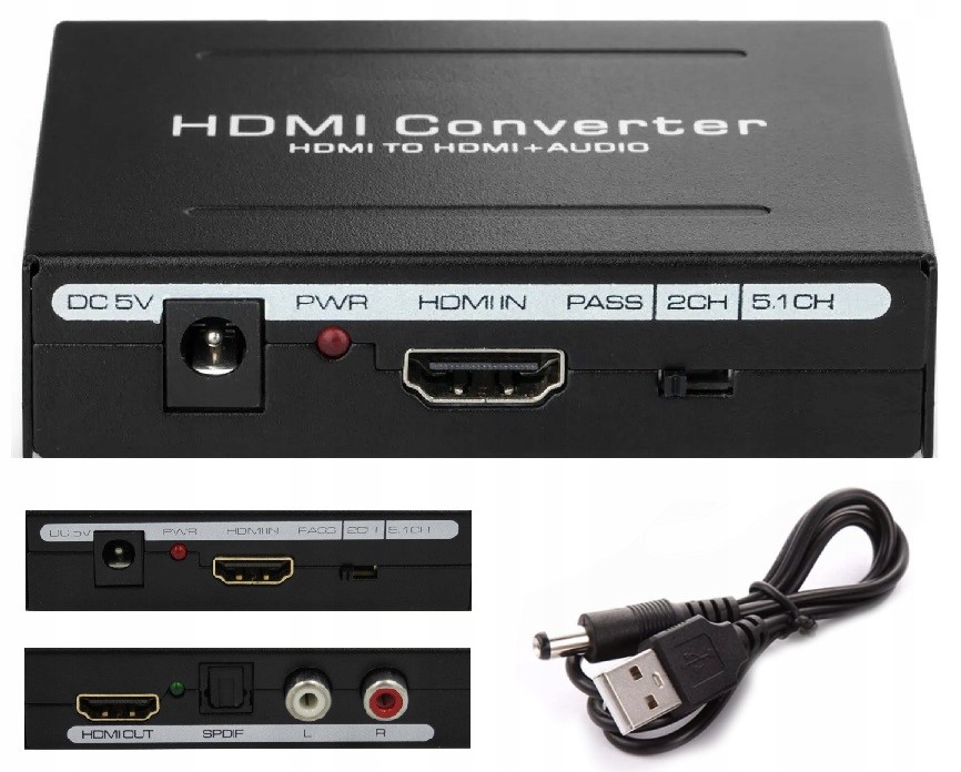 KONWERTER HDMI DO HDMI RCA STEREO L/R SPDIF AUDIO - Kable i USB adaptery