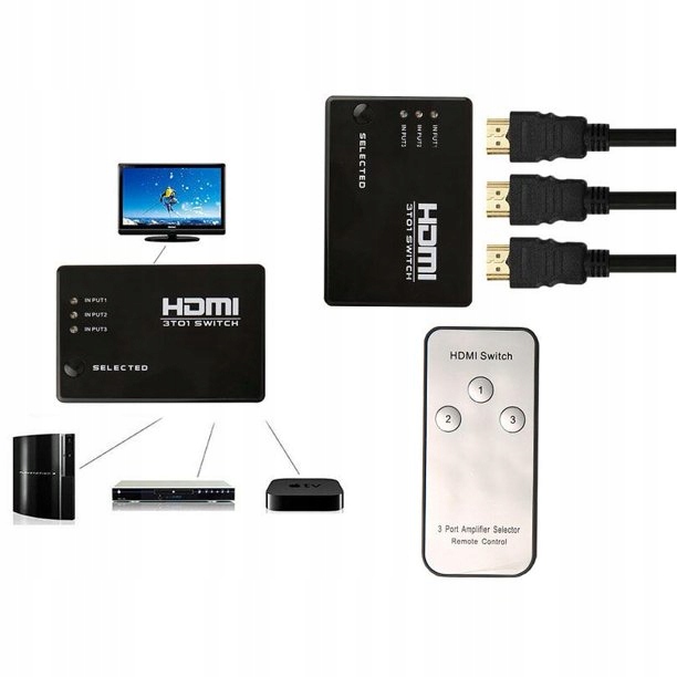 ROZDZIELACZ HDMI DO HDMI 3X1 FULL HD 1080P Z PILOTEM - Kable i USB adaptery