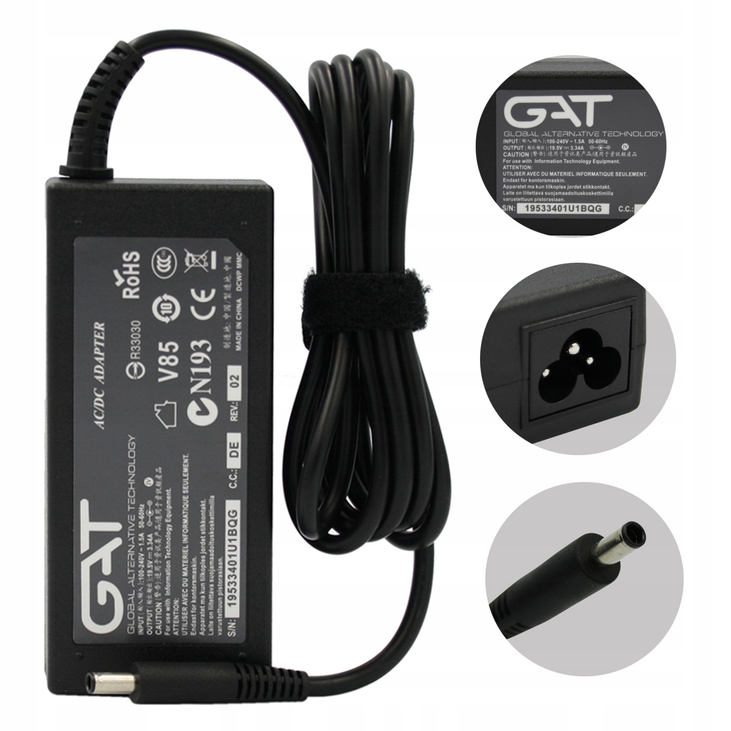 ZASILACZ 19.5V 3.34A 4.5*3.0MM 65W PIN GAT DELL INSPIRON VOSTRO LATITUDE XPS Z KABLEM ZASILAJĄCYM - Zasilacze do laptopów