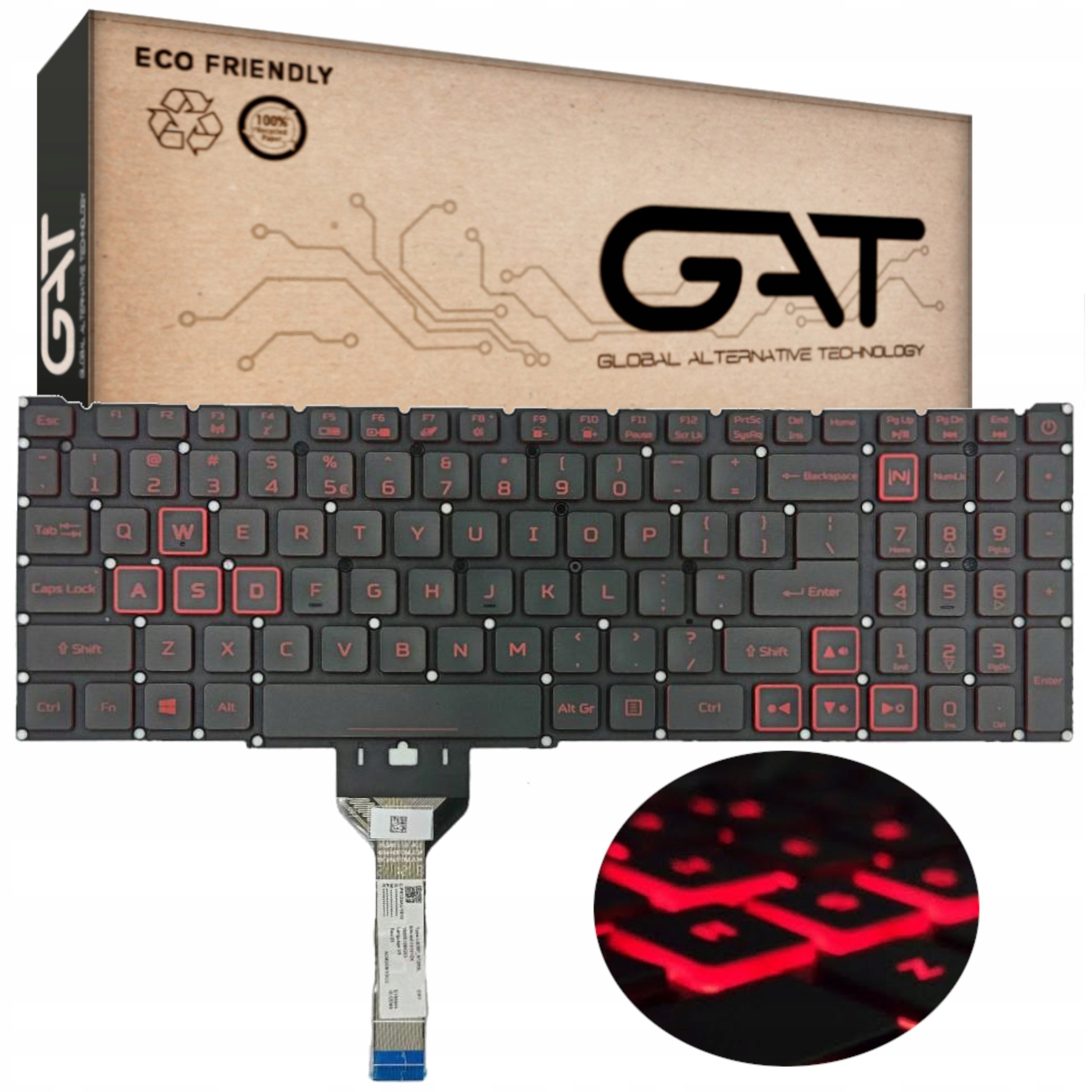 KLAWIATURA DO ACER NITRO AN515-43 AN515-44 AN515-54 515-55 AN517-51 AN715-51 CZERWONE PRZYCISKI Z PODŚWIETLENIEM LED TAŚMA 17mm - Klawiatury do laptopów