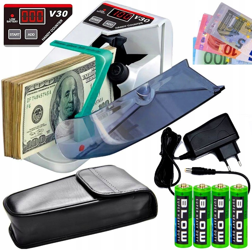 LICZARKA DO BANKNOTÓW NA BATERIE BIAŁA V30 Z ETUI I ZASILACZEM + 4 SZTUKI BATERII BLOW - Akcesoria elektroniczne