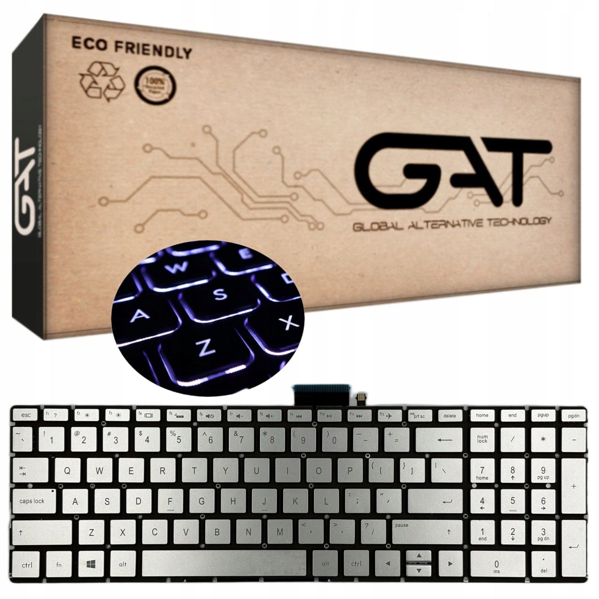 KLAWIATURA DO HP 250 G6 255 G6 15S-EQ 15S-FQ LED PODŚWIETLANA BEZ RAMKI SREBRNA BŁYSZCZĄCA + OPAKOWANIE KGAT - Klawiatury do laptopów